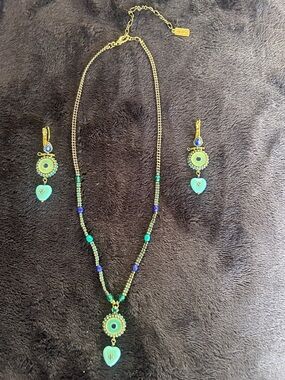 Gold-Tone Green, Turquoise & Blue Beaded Heart Pendant Necklace and Earring Set